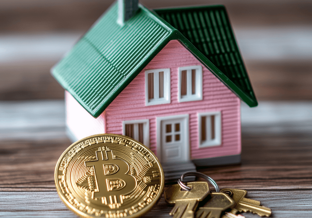 Image representing buying real estate through crypto by showing a bunch of keys, a schematized house and a golden bitcoin coin