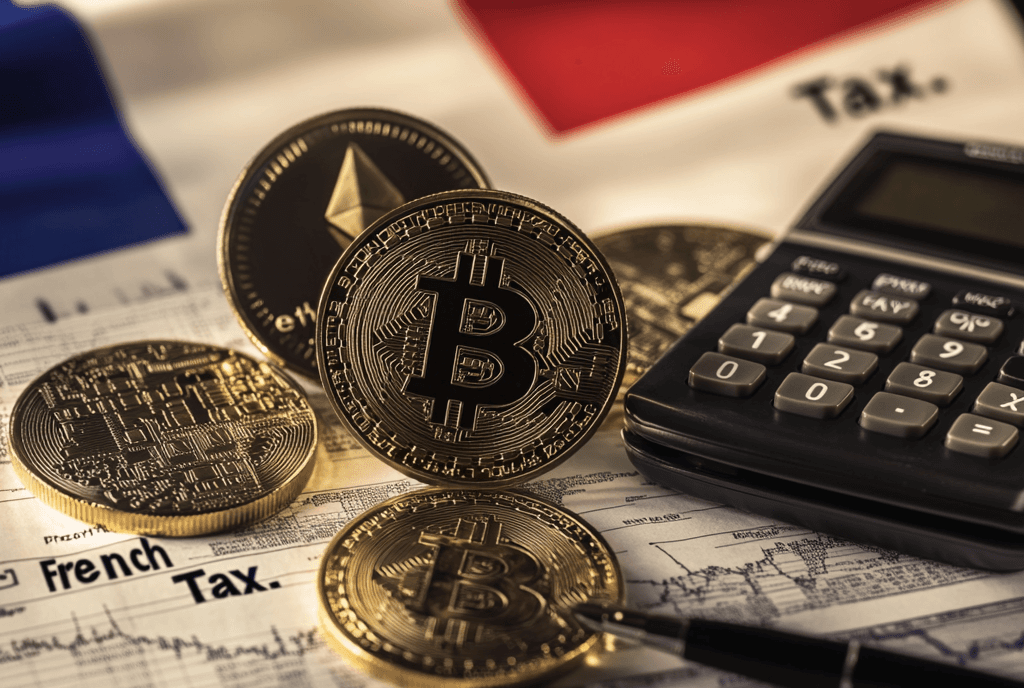 Image représentant la taxation des crypto en france en montrant une calculatrice, un formulaire de déclaration fiscale et un drapeau français accompagnés d'une pièce bitcoin dorée